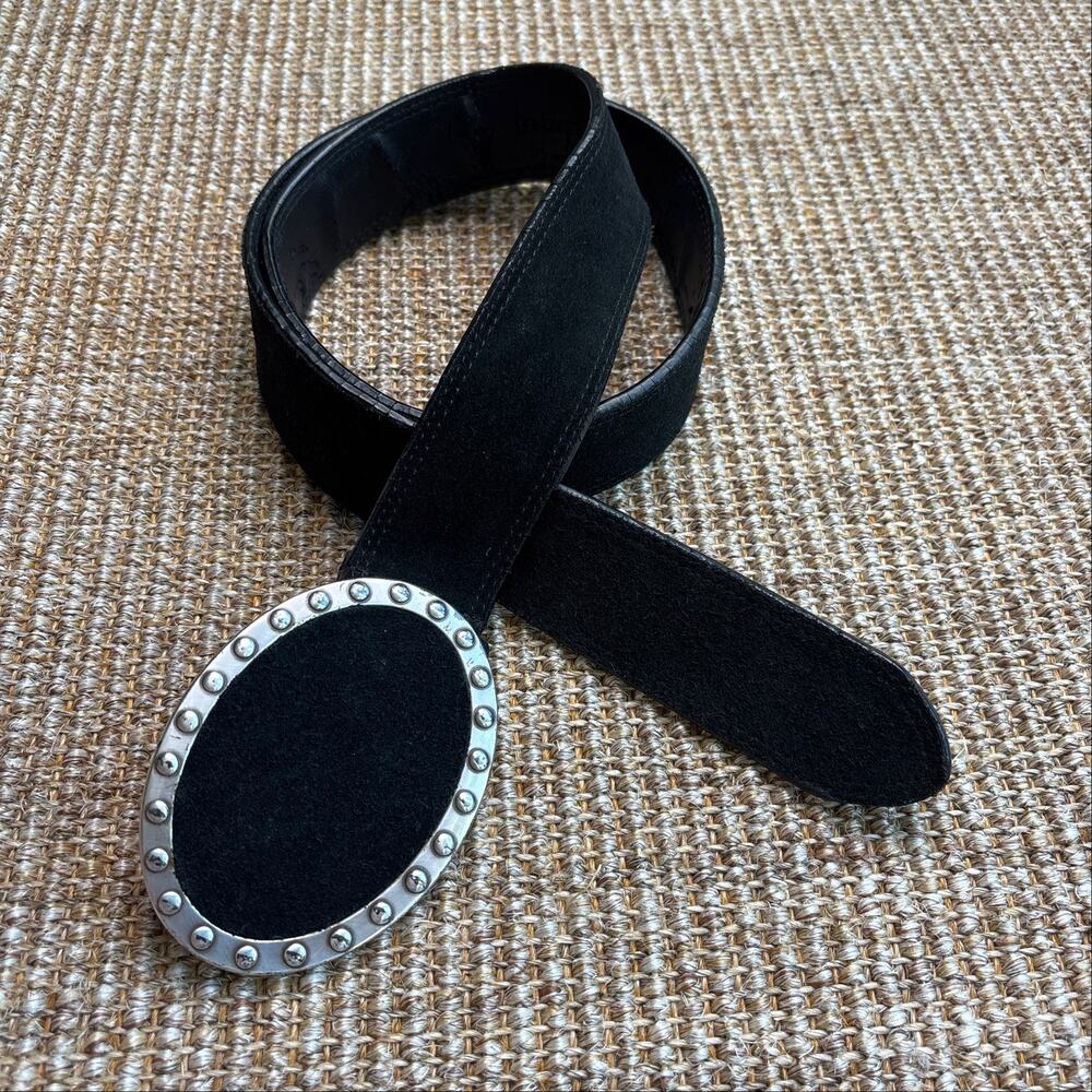 🖤 Vintage Black Suede Belt Size 40 | Silver Oval Studded Buckle